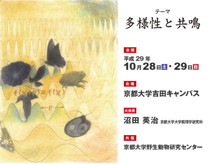 【テーマ】多様性と共鳴　【会期】平成29年10月28日（土）・29日（日）　【会場】京都大学吉田キャンパス　【大会長】沼田英治（京都大学大学院理学研究科）　【共催】京都大学野生動物研究センター